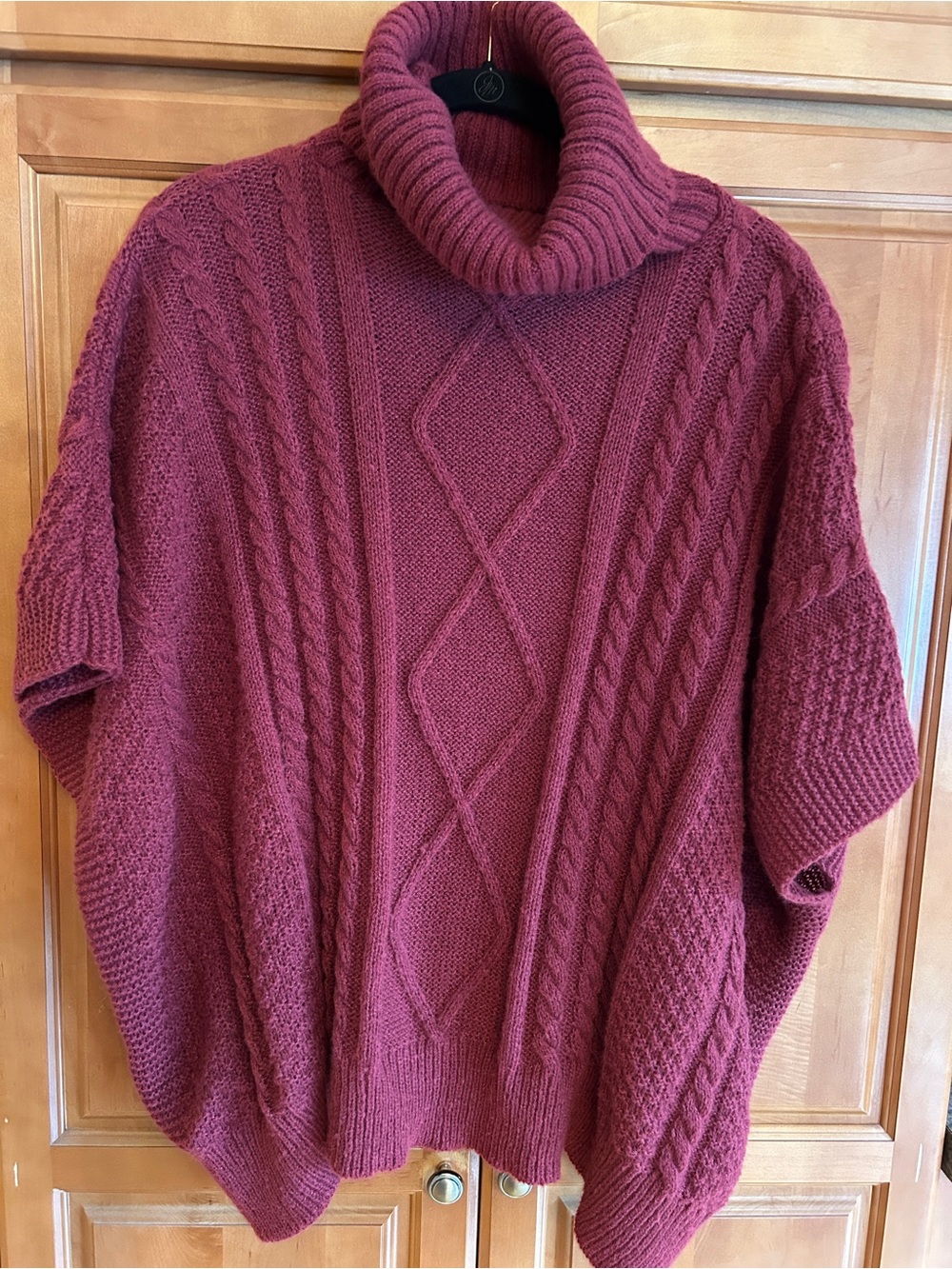 Women’s Cable-Knit Turtleneck Cape/Sweater - Burgundy, one size